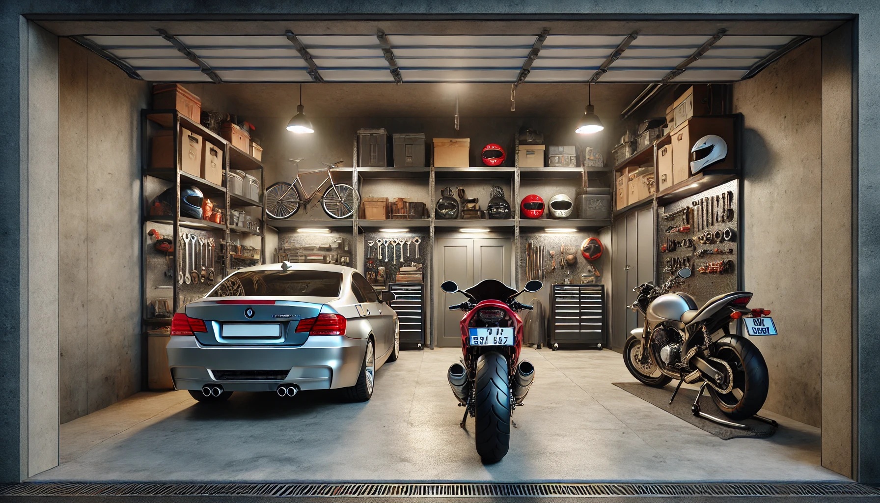 バイクと車が置かれた車庫、ガレージ