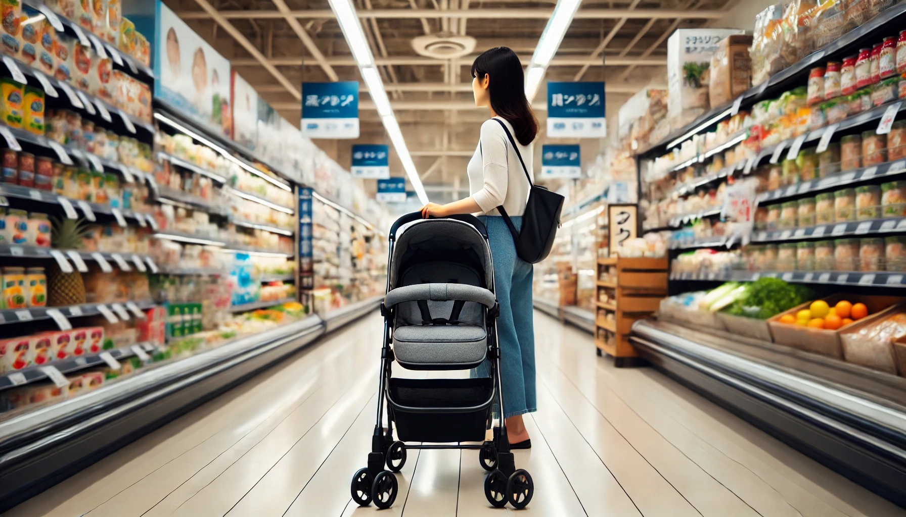 ベビーカーを押しながらスーパーで買い物をする女性