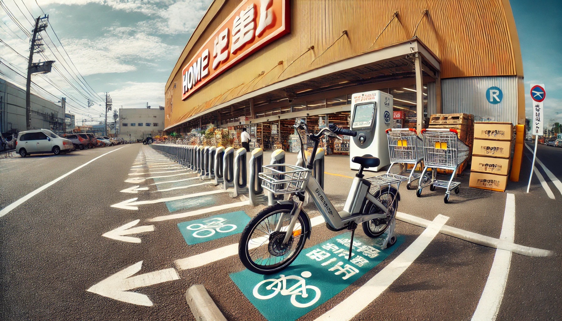 ホームセンターの駐輪場に停めた電動自転車