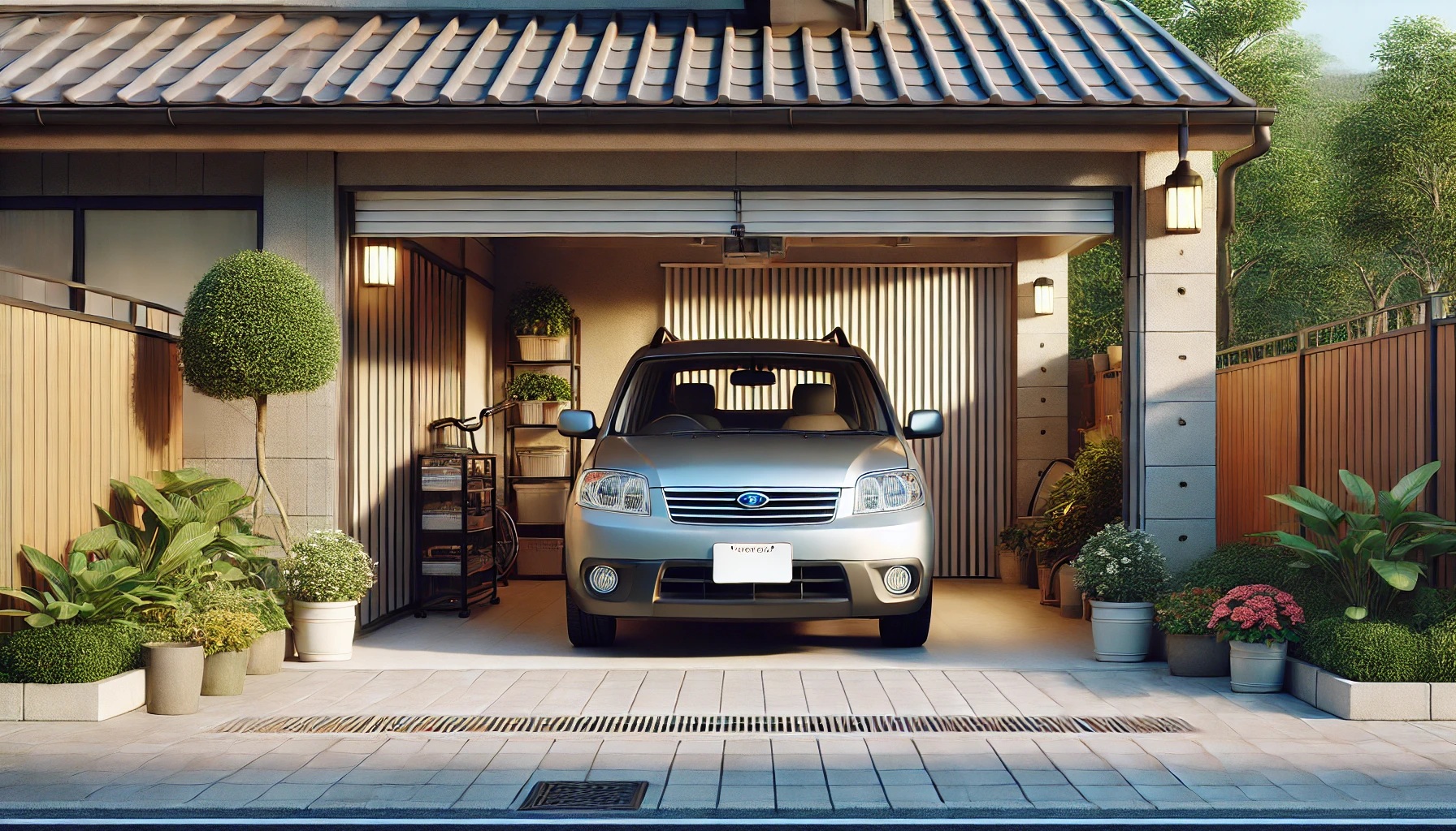 一軒家のガレージに停められている車