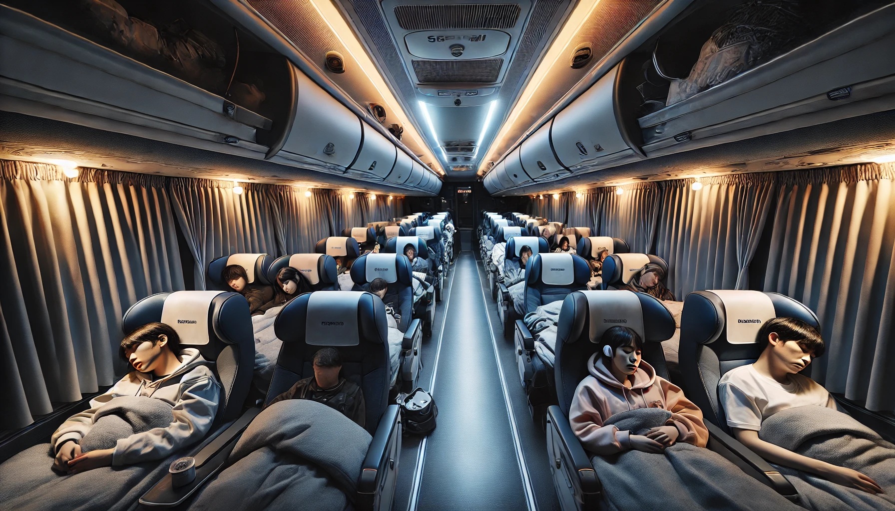 夜行バスの車内、寝ている人々