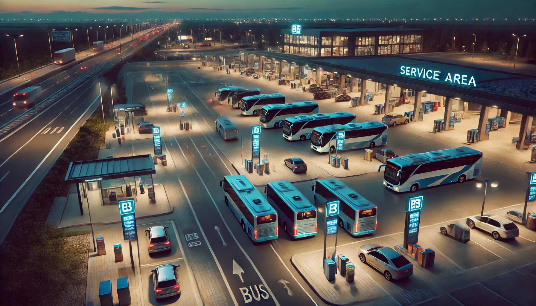 深夜のサービスエリアに停まっている乗用車や夜行高速バス