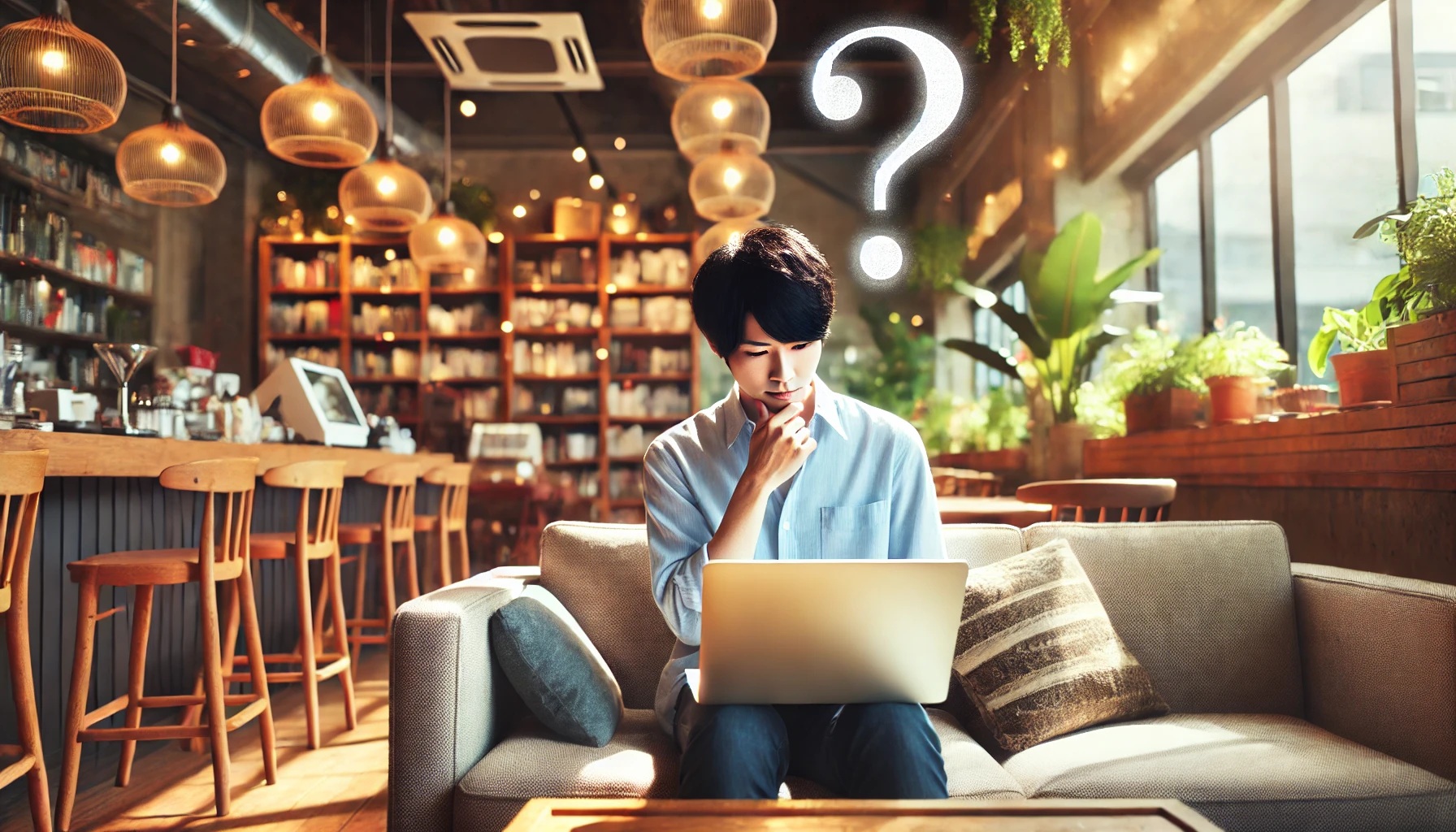 疑問があってノートPCで調べものをする男性