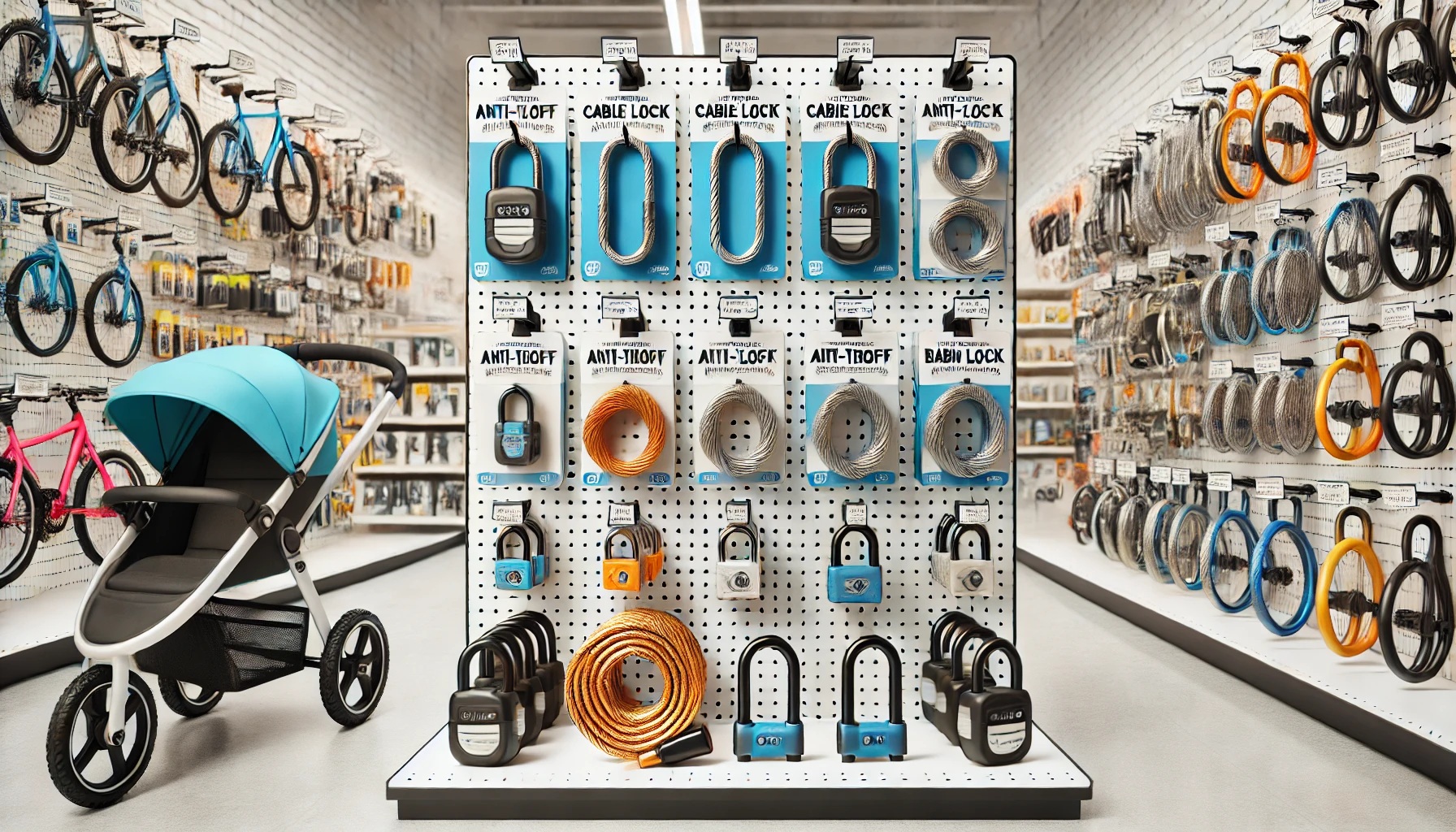 防災グッズ売り場にある盗難防止チェーン