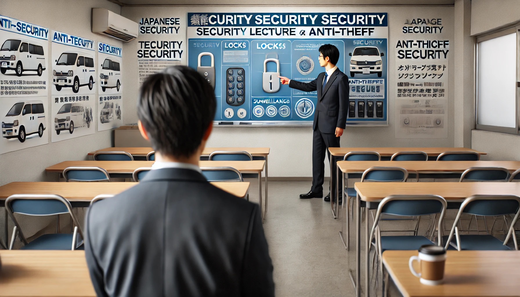 防犯対策のレクチャーを受けてる男性