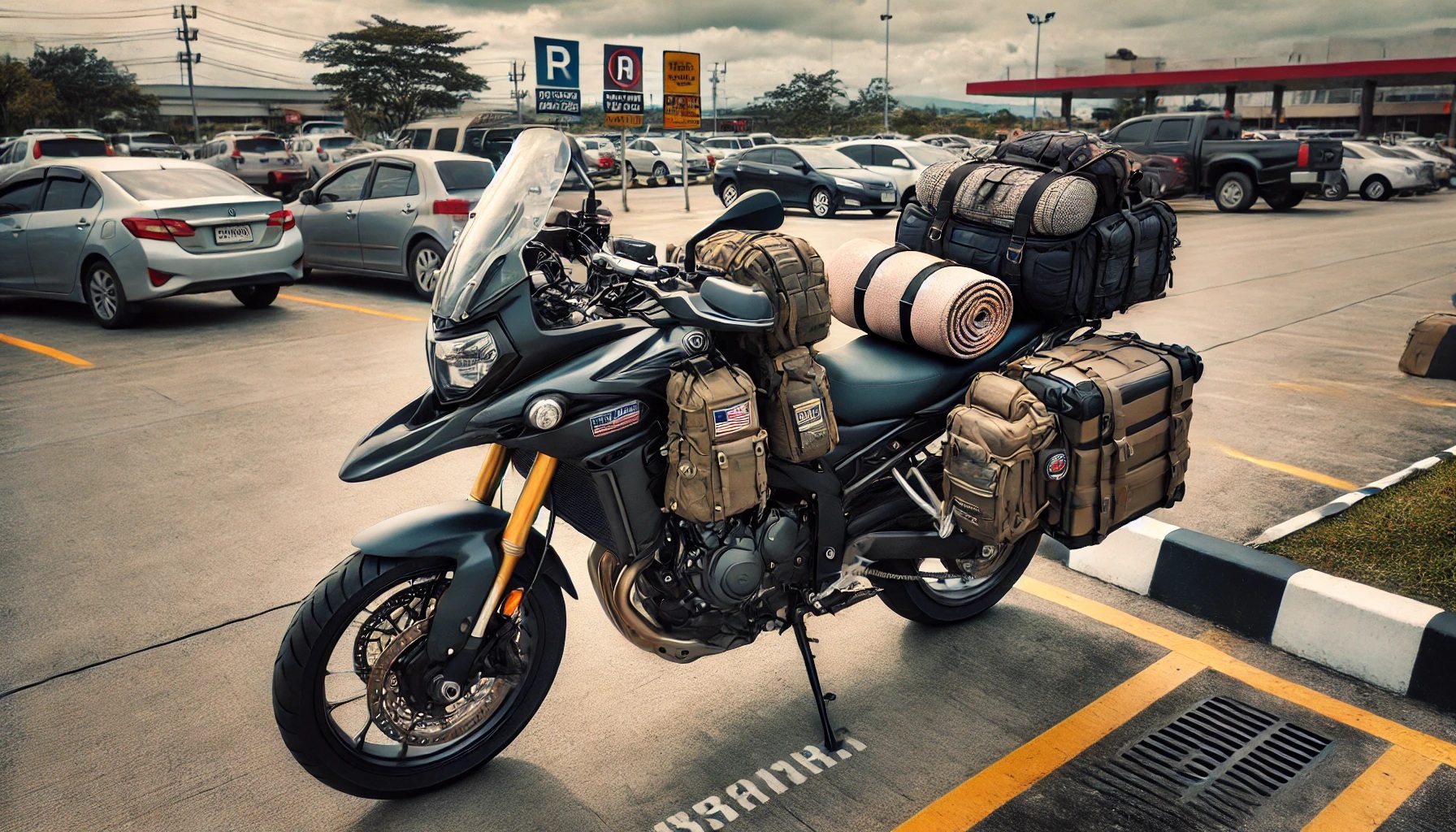 駐車場に停められた荷物が積まれたオートバイ、バイク