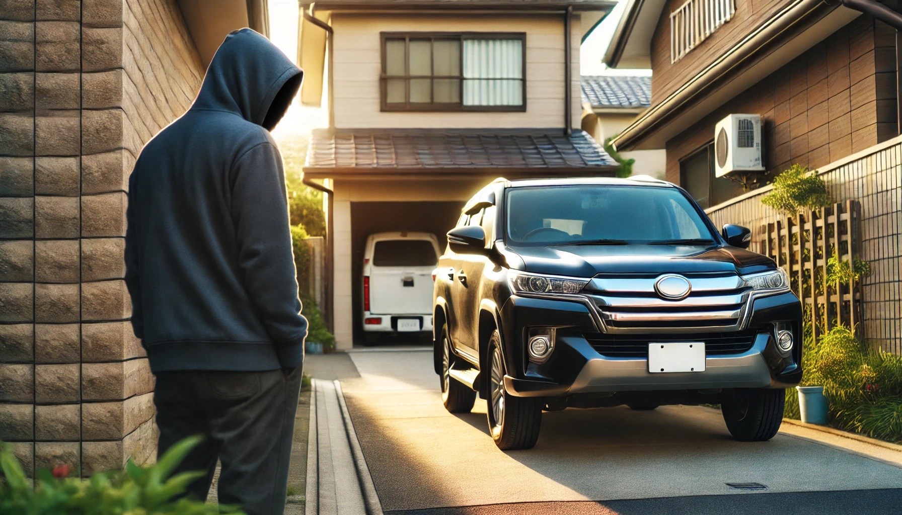 駐車場の車を下見する怪しい男