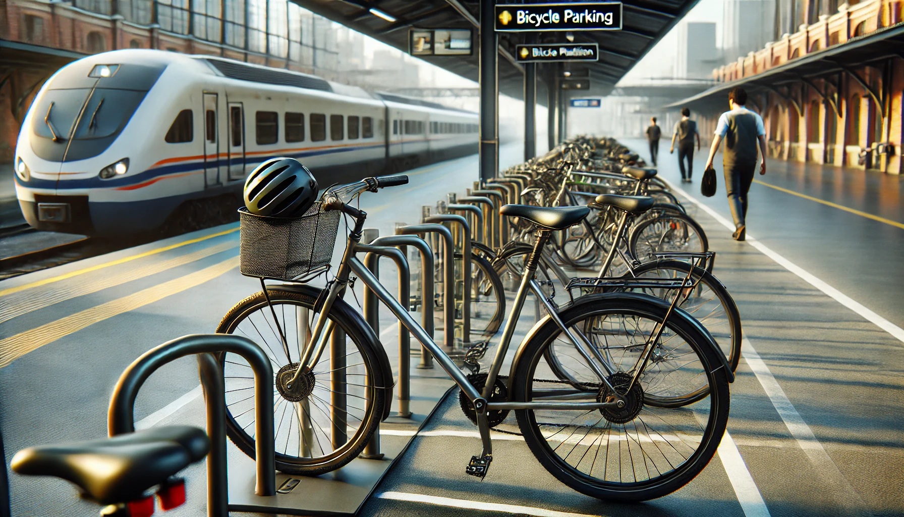 駐輪場に停めた自転車のカゴに入ったヘルメット